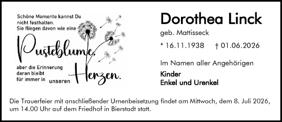 Traueranzeige von Dorothea Linck von Wiesbadener Kurier