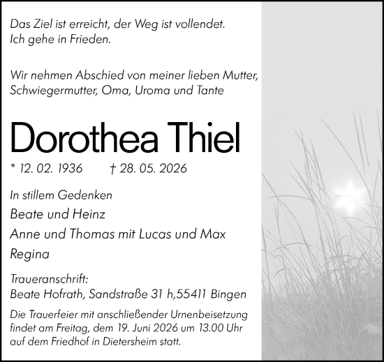 Traueranzeige von Dorothea Thiel von Binger-/Ingelheimer Wochenblatt