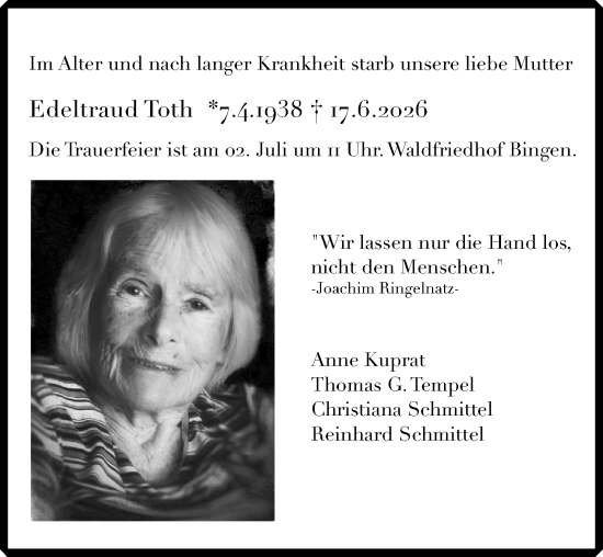 Traueranzeige von Edeltraud Toth von Allgemeine Zeitung Rheinhessen-Nahe
