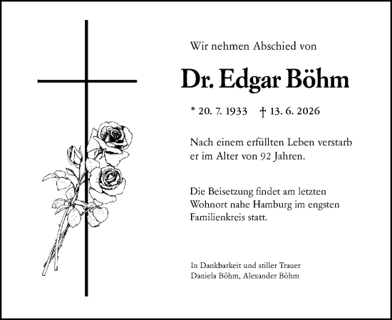 Traueranzeige von Edgar Böhm von Wiesbadener Kurier