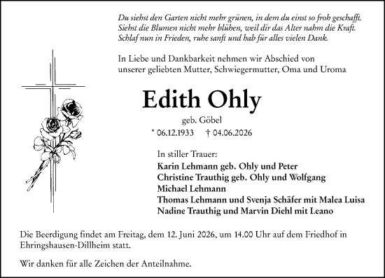 Traueranzeige von Edith Ohly von Wetzlarer Neue Zeitung