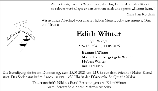 Traueranzeige von Edith Winter von Allgemeine Zeitung Mainz