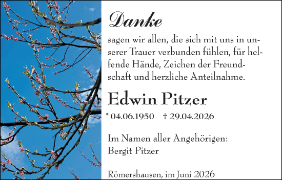 Traueranzeige von Edwin Pitzer von Hinterländer Anzeiger