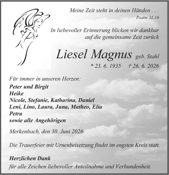 Traueranzeige von Liesel Magnus von Hinterländer Anzeiger