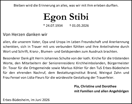 Traueranzeige von Egon Stibi von Allgemeine Zeitung Alzey