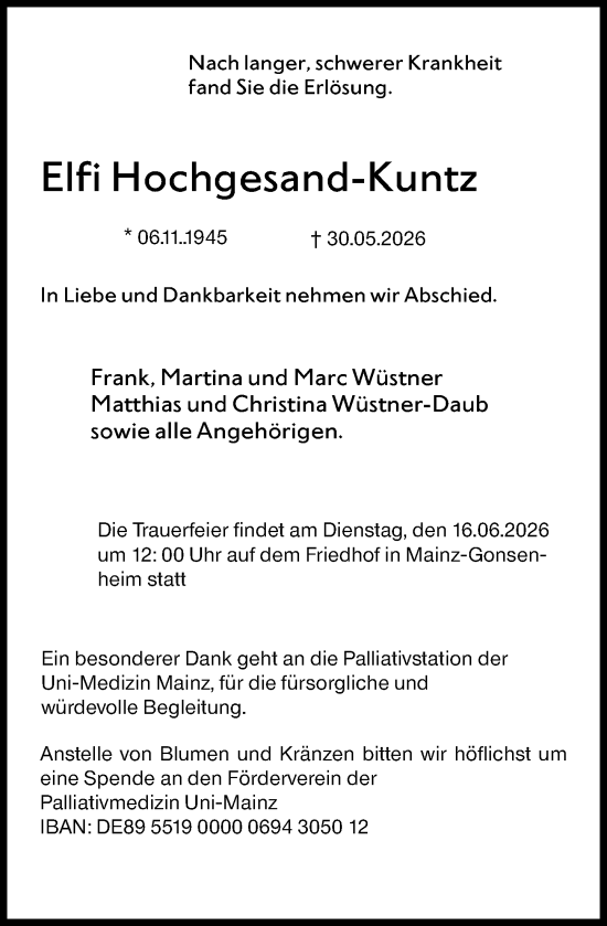 Traueranzeige von Elfi Hochgesand-Kuntz von Allgemeine Zeitung Mainz