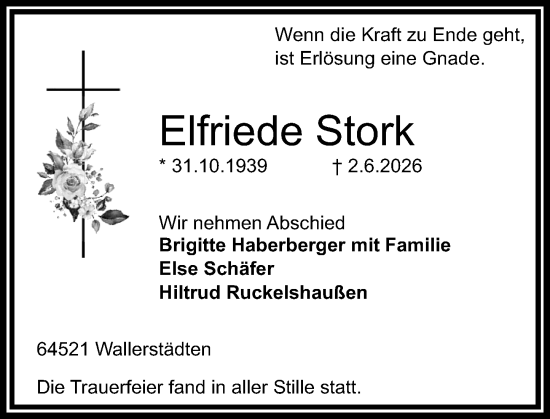 Traueranzeige von Elfriede Stork von Groß-Gerauer Echo