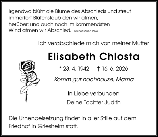 Traueranzeige von Elisabeth Chlosta von Darmstädter Echo