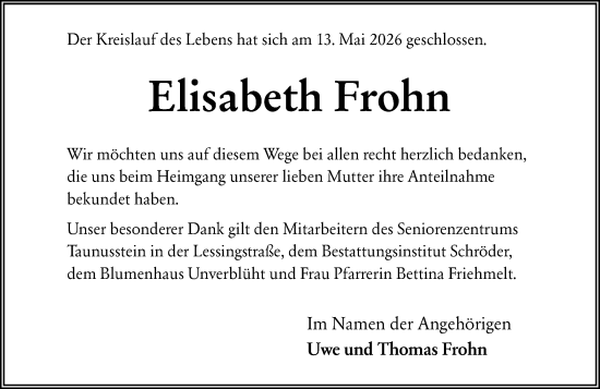 Traueranzeige von Elisabeth Frohn von Wiesbadener Kurier