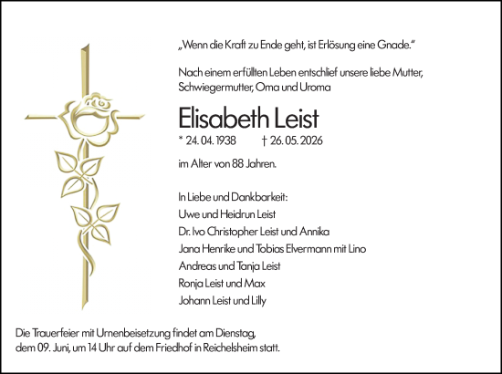 Traueranzeige von Elisabeth Leist von Odenwälder Echo