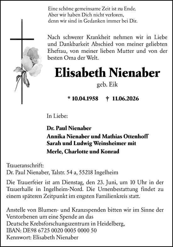 Traueranzeige von Elisabeth Nienaber von Allgemeine Zeitung Rheinhessen-Nahe