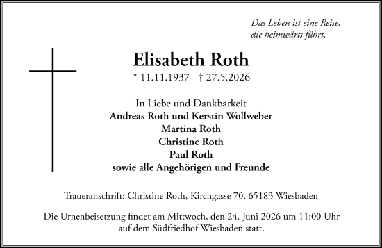 Traueranzeige von Elisabeth Roth von Wiesbadener Kurier