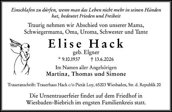 Traueranzeige von Elise Hack von Wiesbadener Kurier