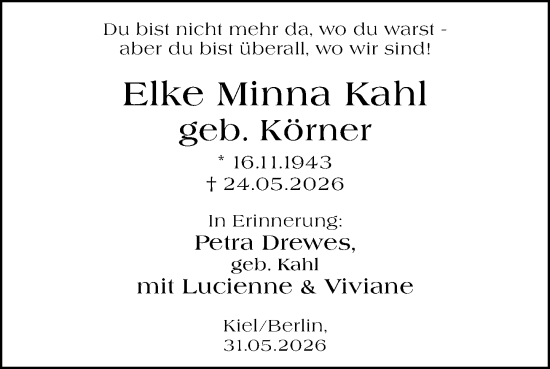 Traueranzeige von Elke Minna Kahl von Dieburger Anzeiger/Groß-Zimmerner Lokal-Anzeiger