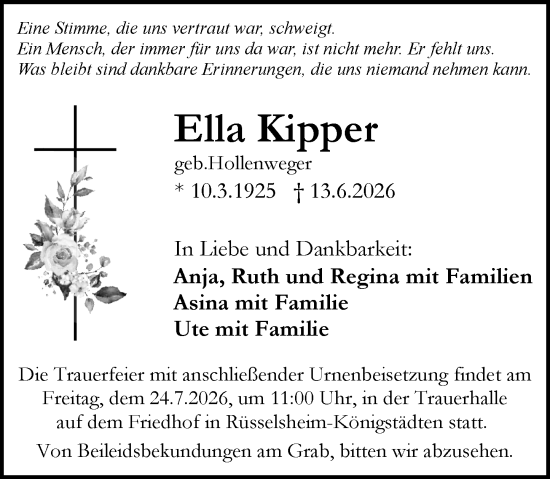 Traueranzeige von Ella Kipper von Rüsselsheimer Echo