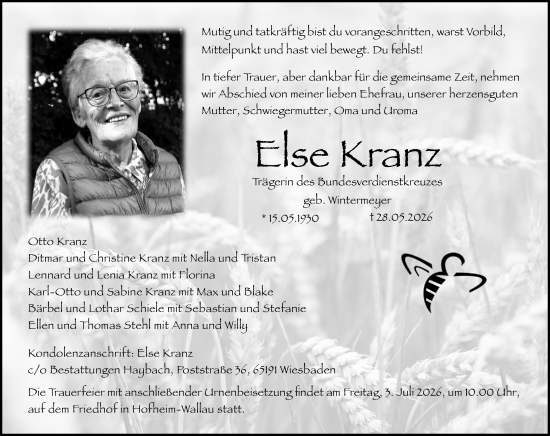 Traueranzeige von Else Kranz von Wiesbadener Kurier