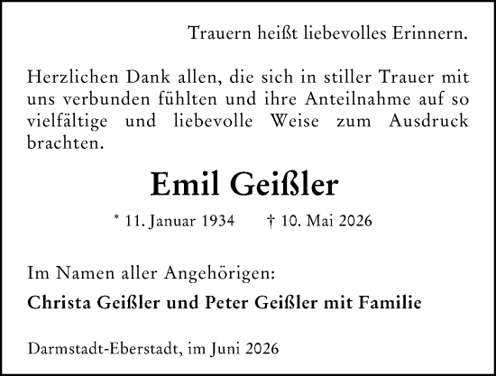 Traueranzeige von Emil Geißler von Darmstädter Echo