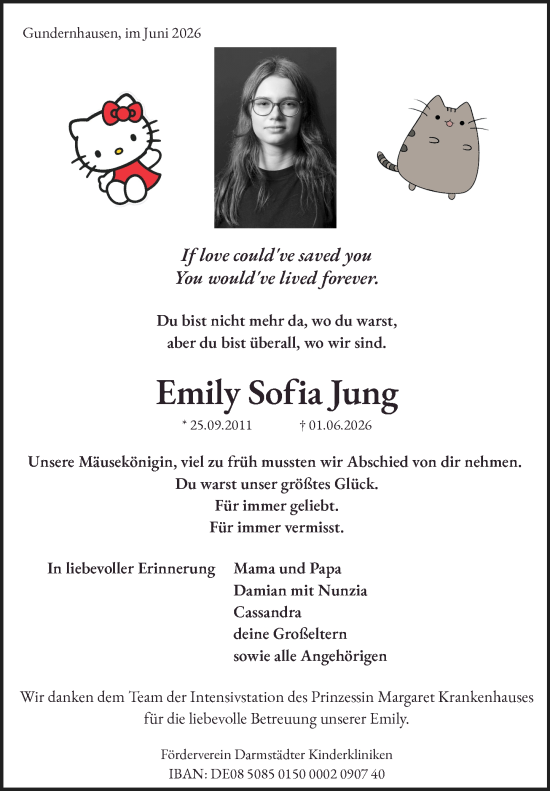 Traueranzeige von Emily Sofia Jung von Darmstädter Echo