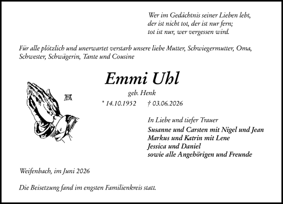 Traueranzeige von Emmi Uhl von Hinterländer Anzeiger