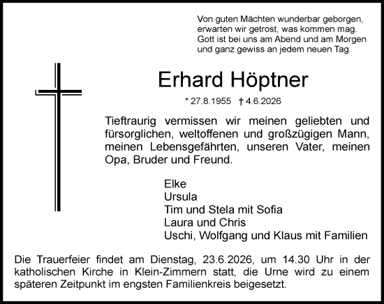 Traueranzeige von Erhard Höptner von Darmstädter Echo