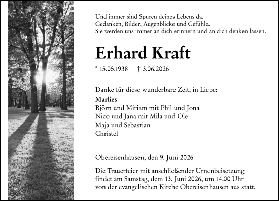 Traueranzeige von Erhard Kraft von Hinterländer Anzeiger