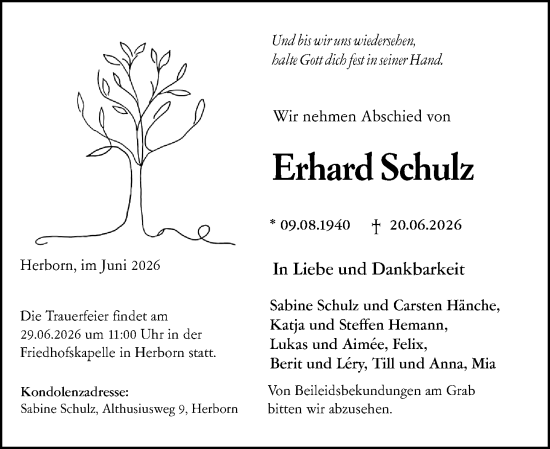 Traueranzeige von Erhard Schulz von Dill Block