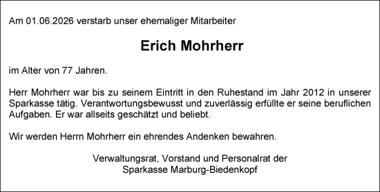 Traueranzeige von Erich Mohrherr von Hinterländer Anzeiger