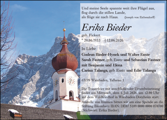 Traueranzeige von Erika Bieder von Wiesbadener Kurier