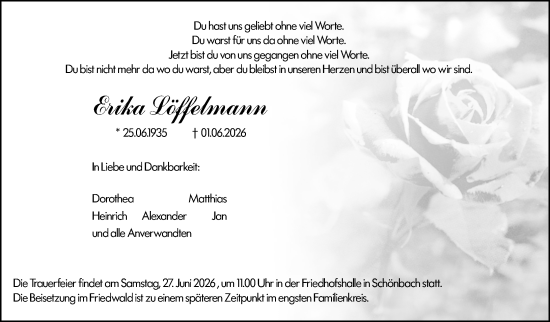 Traueranzeige von Erika Löffelmann von Dill Block