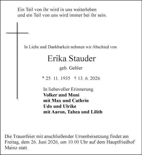 Traueranzeige von Erika Stauder von Allgemeine Zeitung Mainz