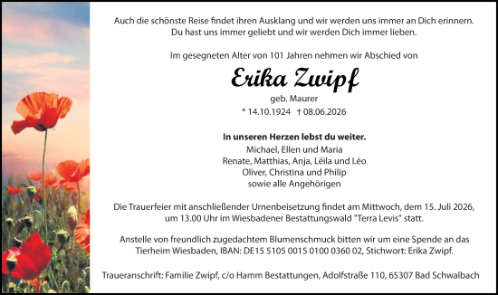 Traueranzeige von Erika Zwipf von Idsteiner Land/Untertaunus