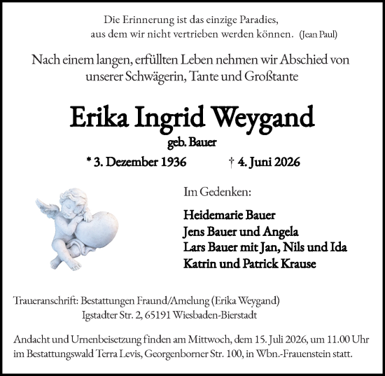Traueranzeige von Erika Ingrid Weygand von Wiesbadener Kurier