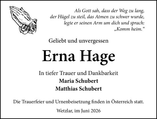Traueranzeige von Erna Hage von Wetzlarer Neue Zeitung