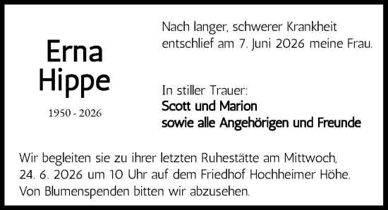 Traueranzeige von Erna Hippe von Wormser Zeitung