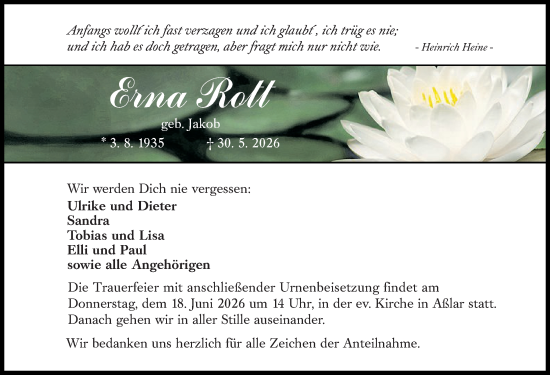 Traueranzeige von Erna Rott von Wetzlarer Neue Zeitung