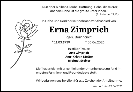 Traueranzeige von Erna Zimprich von Wetzlarer Neue Zeitung