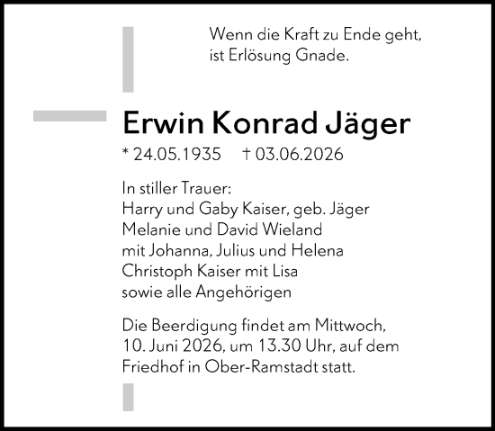 Traueranzeige von Erwin Konrad Jäger von Darmstädter Echo