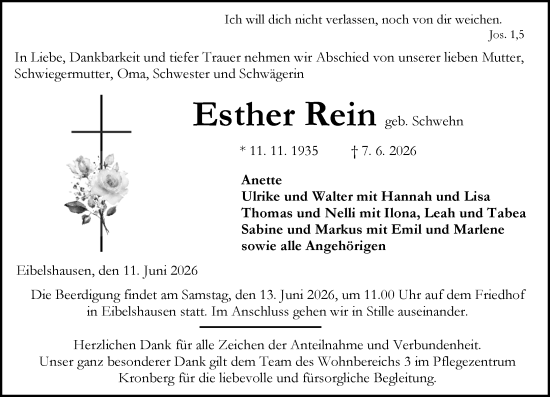 Traueranzeige von Esther Rein von Dill Block