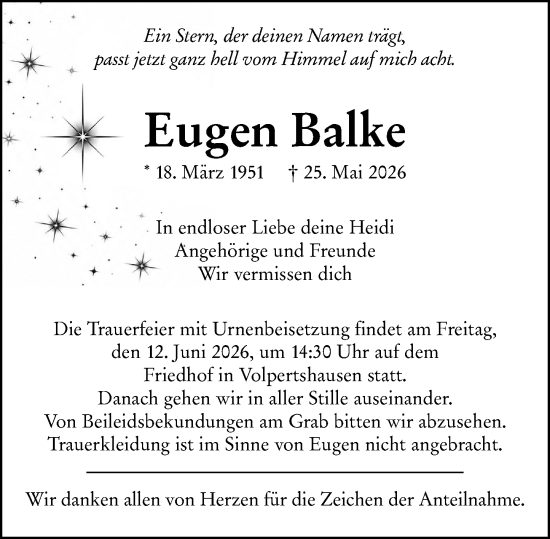 Traueranzeige von Eugen Balke von Wetzlarer Neue Zeitung