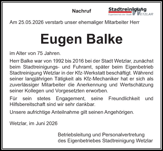 Traueranzeige von Eugen Balke von Wetzlarer Neue Zeitung