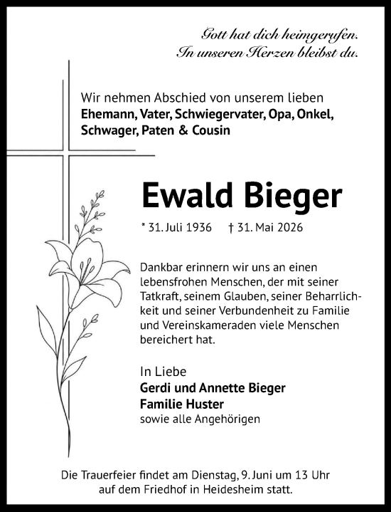 Traueranzeige von Ewald Bieger von Allgemeine Zeitung Rheinhessen-Nahe
