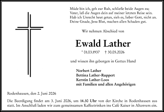 Traueranzeige von Ewald Lather von Hinterländer Anzeiger