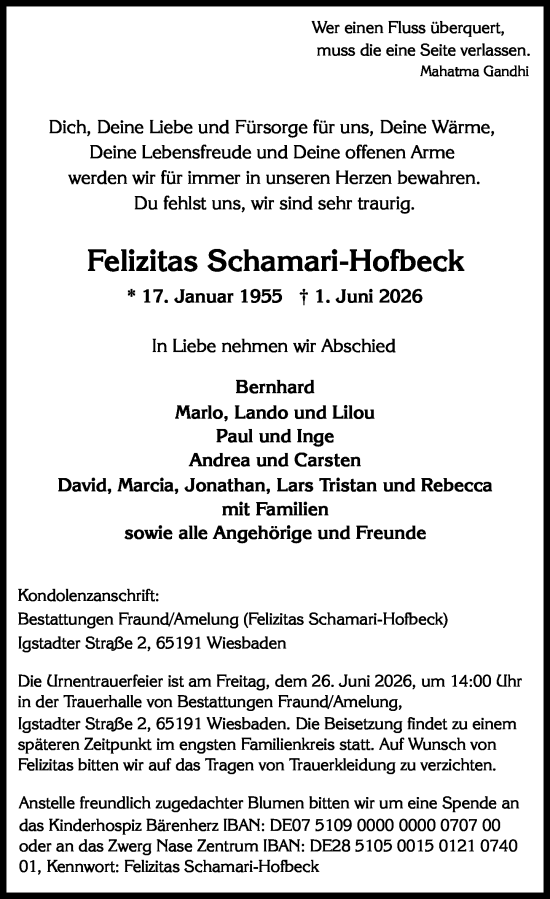 Traueranzeige von Felizitas Schamari-Hofbeck von Wiesbadener Kurier
