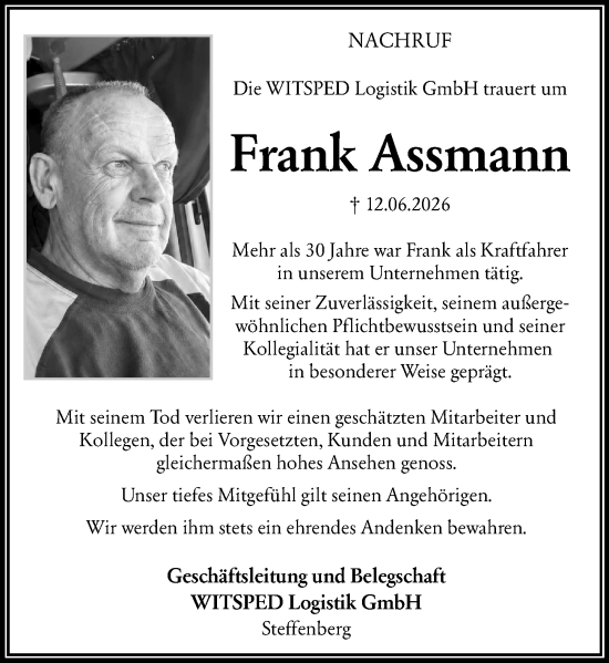 Traueranzeige von Frank Assmann von Hinterländer Anzeiger