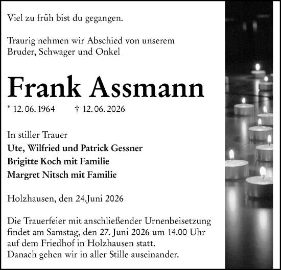 Traueranzeige von Frank Assmann von Hinterländer Anzeiger