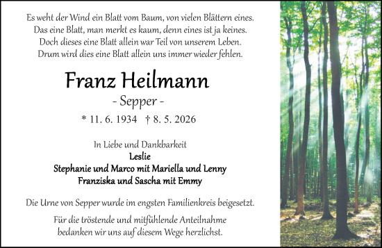 Traueranzeige von Franz Heilmann von Odenwälder Echo