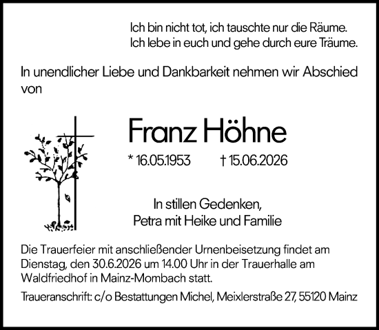 Traueranzeige von Franz Höhne von Allgemeine Zeitung Mainz