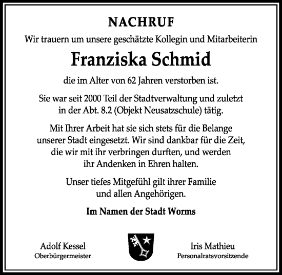 Traueranzeige von Franziska Schmid von Allgemeine Zeitung Rheinhessen-Nahe