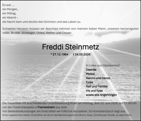 Traueranzeige von Freddi Steinmetz von Allgemeine Zeitung Alzey