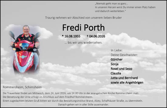 Traueranzeige von Fredi Porth von Allgemeine Zeitung Alzey
